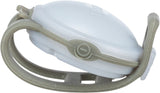Graues, ovales, tragbares Gerät mit flexiblem Halter und seitlichem Knopf, möglicherweise Lichtfunktion.