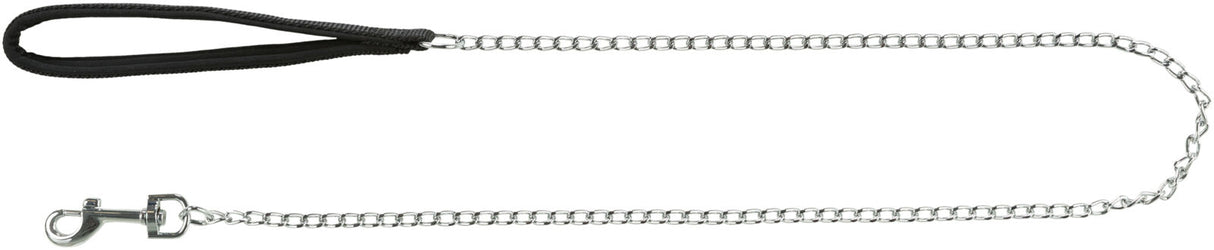 Silberne Metallkette mit schwarzem Griff, geeignet als Hundeleine, zeigt Karabinerhaken aus Metall.