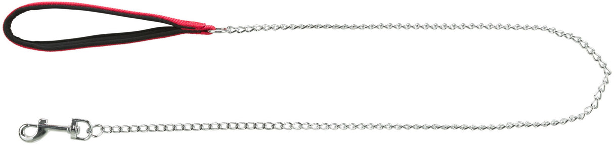 Metallgliederleine mit rotem und schwarzem Griff sowie silbernem Karabinerhaken.
