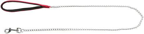 Metallgliederleine mit rotem und schwarzem Griff sowie silbernem Karabinerhaken.
