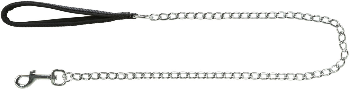Hundeleine mit schwarzem Griff und silberner Kette, an einem Ende ein Karabinerhaken.