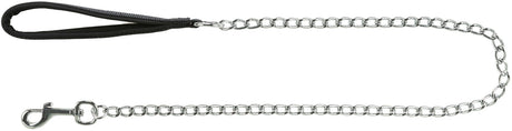 Hundeleine mit schwarzem Griff und silberner Kette, an einem Ende ein Karabinerhaken.