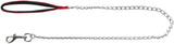 Metallkette mit silbernem Karabinerhaken und rotem, gepolstertem Griff.