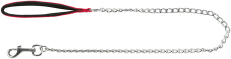Metallkette mit silbernem Karabinerhaken und rotem, gepolstertem Griff.