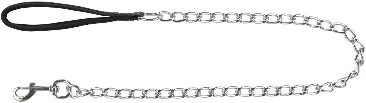 Metallkette mit schwarzem Griff und Karabinerhaken, silberne Glieder in mittelgroßer Größe sichtbar.