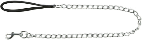 Metallkette mit schwarzem Griff und Karabinerhaken, silberne Glieder in mittelgroßer Größe sichtbar.