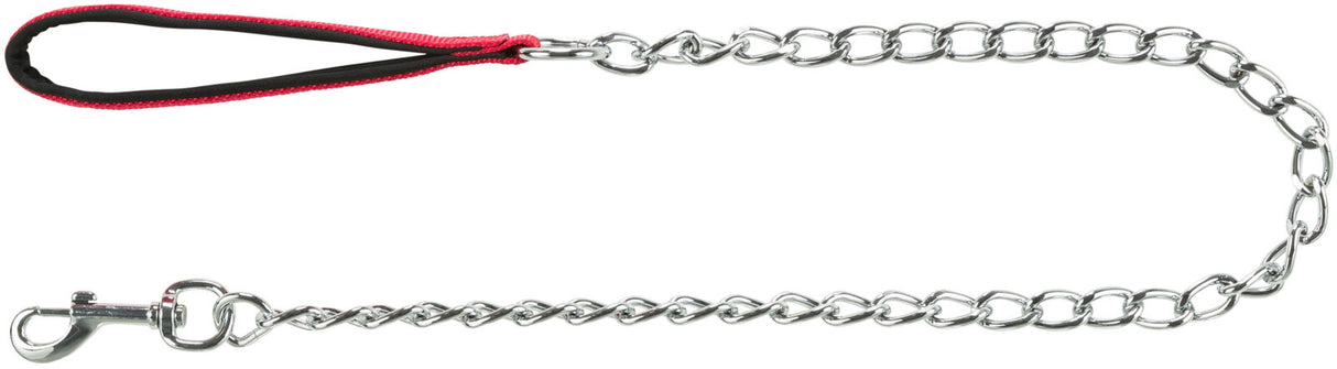 Metallkette mit Karabinerhaken und roter Handschlaufe, silberfarben glänzend und glatt geflochten.