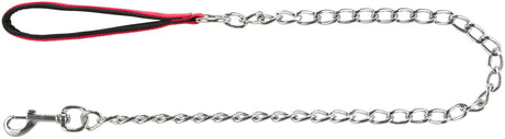 Metallkette mit Karabinerhaken und roter Handschlaufe, silberfarben glänzend und glatt geflochten.