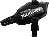 Schwarzes Hundegeschirr mit Aufschriften "JULIUS-K9" und "IDC POWER", reflektierende Streifen, Kunststoffschnalle.