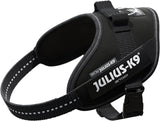 Schwarzes Hundegeschirr mit verstellbaren Gurten und sichtbarem "Julius-K9" Logo in weißer Schrift.