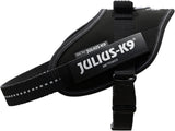 Schwarzes Hundegeschirr mit weißem Text "Julius-K9 IDC-Power" auf einem schwarzen Etikett.