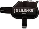 Schwarzes Hundegeschirr mit Reflektorstreifen und großem "Julius-K9" Logo in Weiß auf der Seite.