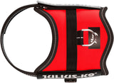 Rotes Hundegeschirr mit schwarzem Rand und Logo sowie silbernem D-Ring auf der Oberseite.