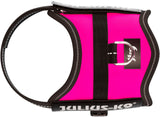 Pinkfarbenes Hundegeschirr mit schwarzer Umrandung und silbernem D-Ring, Label "JULIUS-K9".