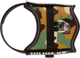 Hundegeschirr mit Camouflage-Muster in Grün, Braun und Schwarz, D-Ring und Julius-K9-Logo.