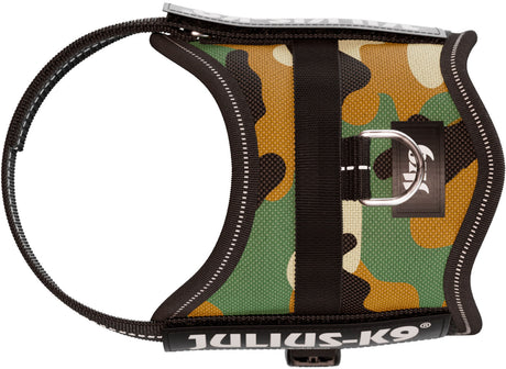 Hundegeschirr mit Camouflage-Muster in Grün, Braun und Schwarz, D-Ring und Julius-K9-Logo.