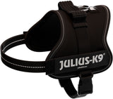 Schwarzes Hundegeschirr mit sichtbarem JULIUS-K9-Logo und reflektierenden Nähten.