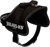 Schwarzes Hundegeschirr mit “Julius-K9” Aufdruck, stabiler Verschluss und Haltegriff, reflektierende Details.