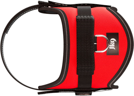 Rotes Hundegeschirr mit schwarzem Rand, D-Ring und schwarzer Schlaufe sowie sichtbarem Logo mit Text "JK9".