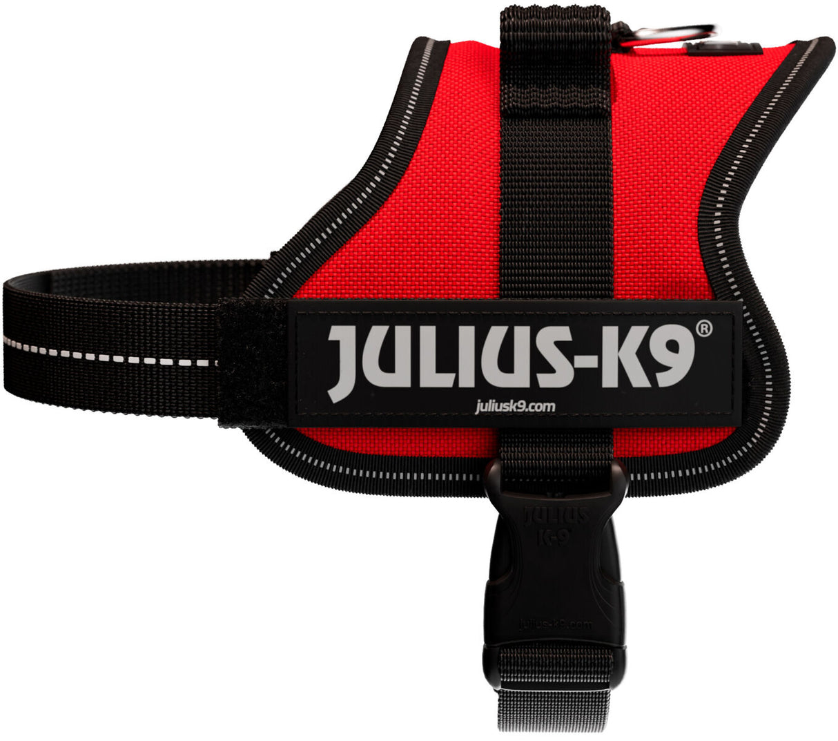 Rotes Hundegeschirr mit schwarzem Rand und Klettverschluss, darauf der Text "JULIUS-K9".
