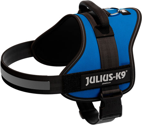 Blaues Hundegeschirr mit schwarzem Gurt, Griff und reflektierendem Streifen, Marke "Julius-K9" erkennbar.