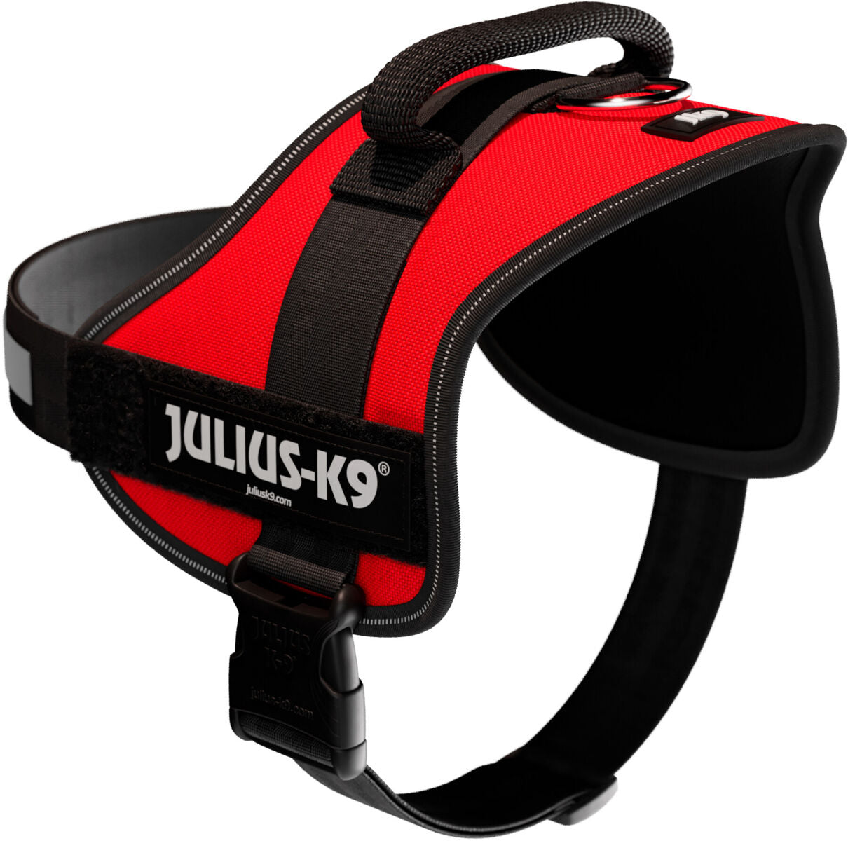 Rotes Hundegeschirr mit schwarzem Griff, schwarzem Rand und Klettverschluss mit der Aufschrift "Julius-K9".