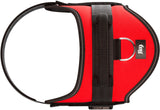 Rotes Geschirr mit schwarzem Griff und silbernem D-Ring, Label mit "jk9" sichtbar.