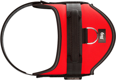 Rotes Geschirr mit schwarzem Griff und silbernem D-Ring, Label mit "jk9" sichtbar.