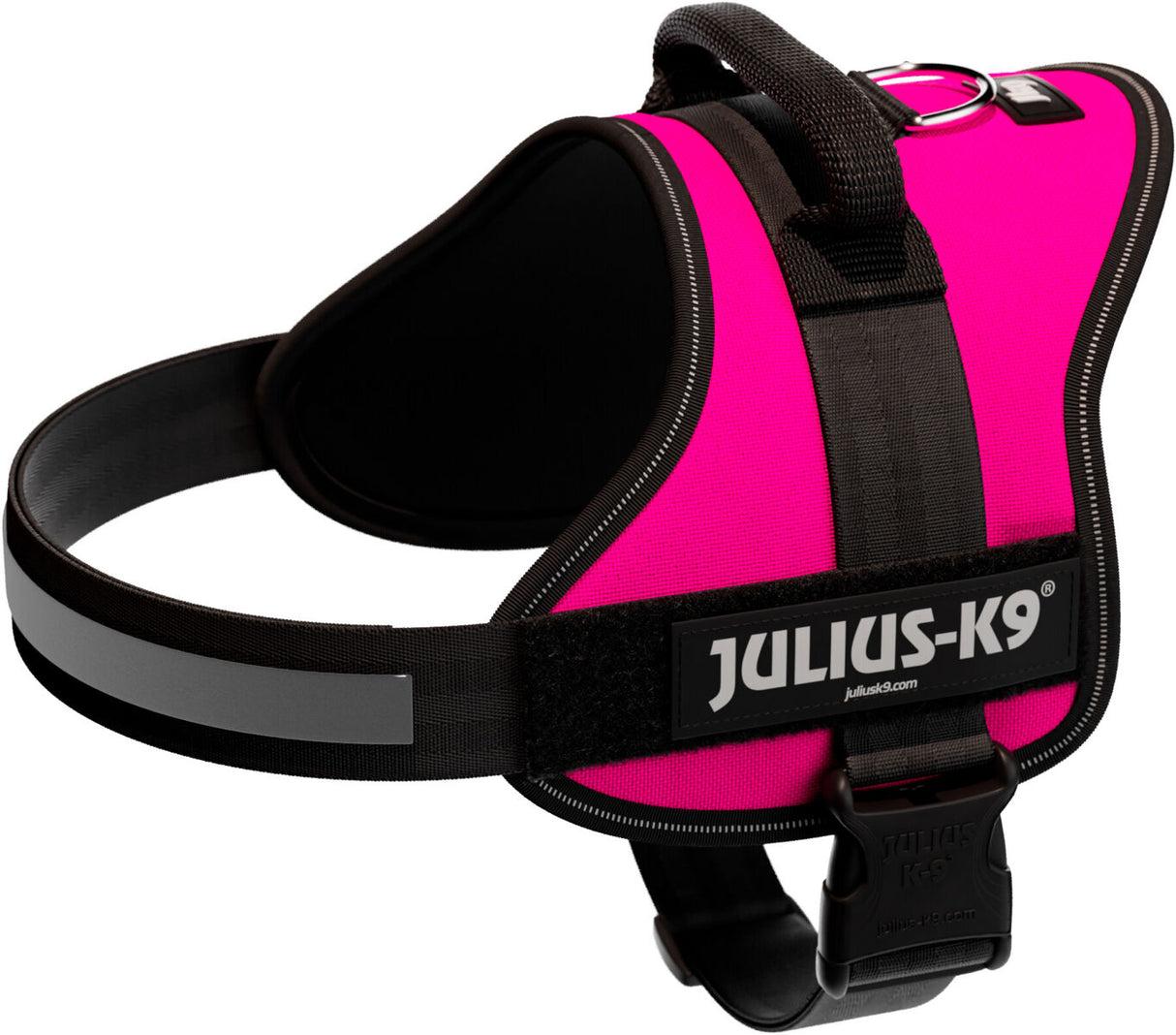 Pinkfarbenes Hundegeschirr mit schwarzem Rand, Klettverschluss und sichtbarem Schriftzug "Julius-K9".