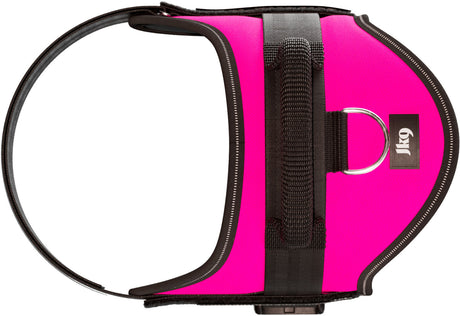 Ein pinkfarbenes Hundegeschirr mit schwarzen Gurten und einem silbernen D-Ring; Label mit "Jk9" sichtbar.