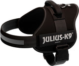 Schwarzes Hundegeschirr mit reflektierenden Streifen und Aufschrift "Julius-K9", robustes Design, Metallring oben.