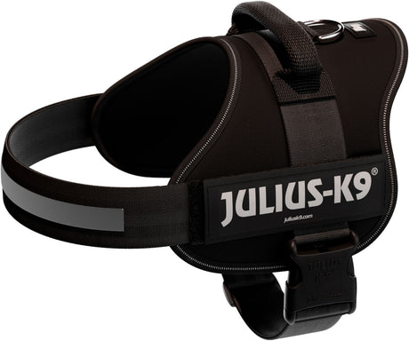 Schwarzes Hundegeschirr mit reflektierenden Streifen und Aufschrift "Julius-K9", robustes Design, Metallring oben.