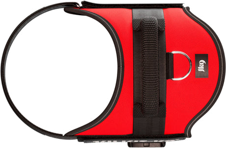 Rotes Hundegeschirr mit schwarzem Griff, D-Ring und Logo auf der Seite.