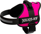 Pinkes Hundegeschirr mit schwarzem Riemen, Griff und sichtbarem "Julius-K9" Logo auf der Seite.