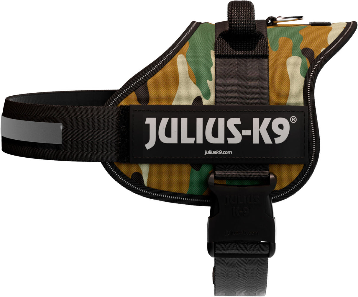 Hundegeschirr in Tarnfarben mit reflektierendem Streifen und der Aufschrift "Julius-K9".