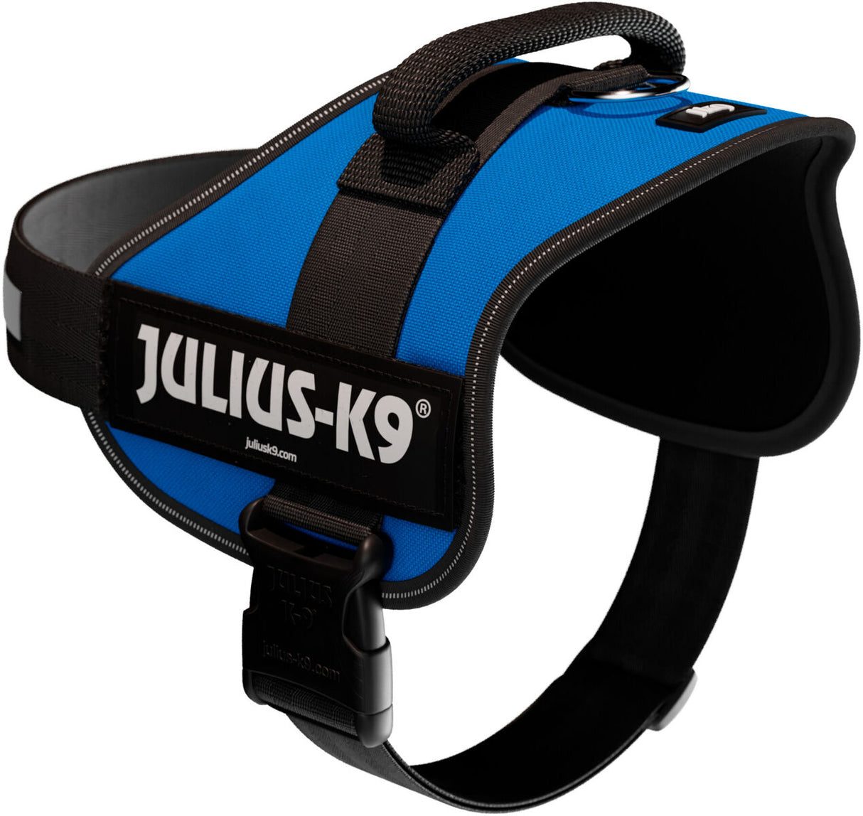 Blaues Hundegeschirr mit schwarzem Griff und Verschluss, markiert mit "Julius-K9" in weißem Schriftzug.