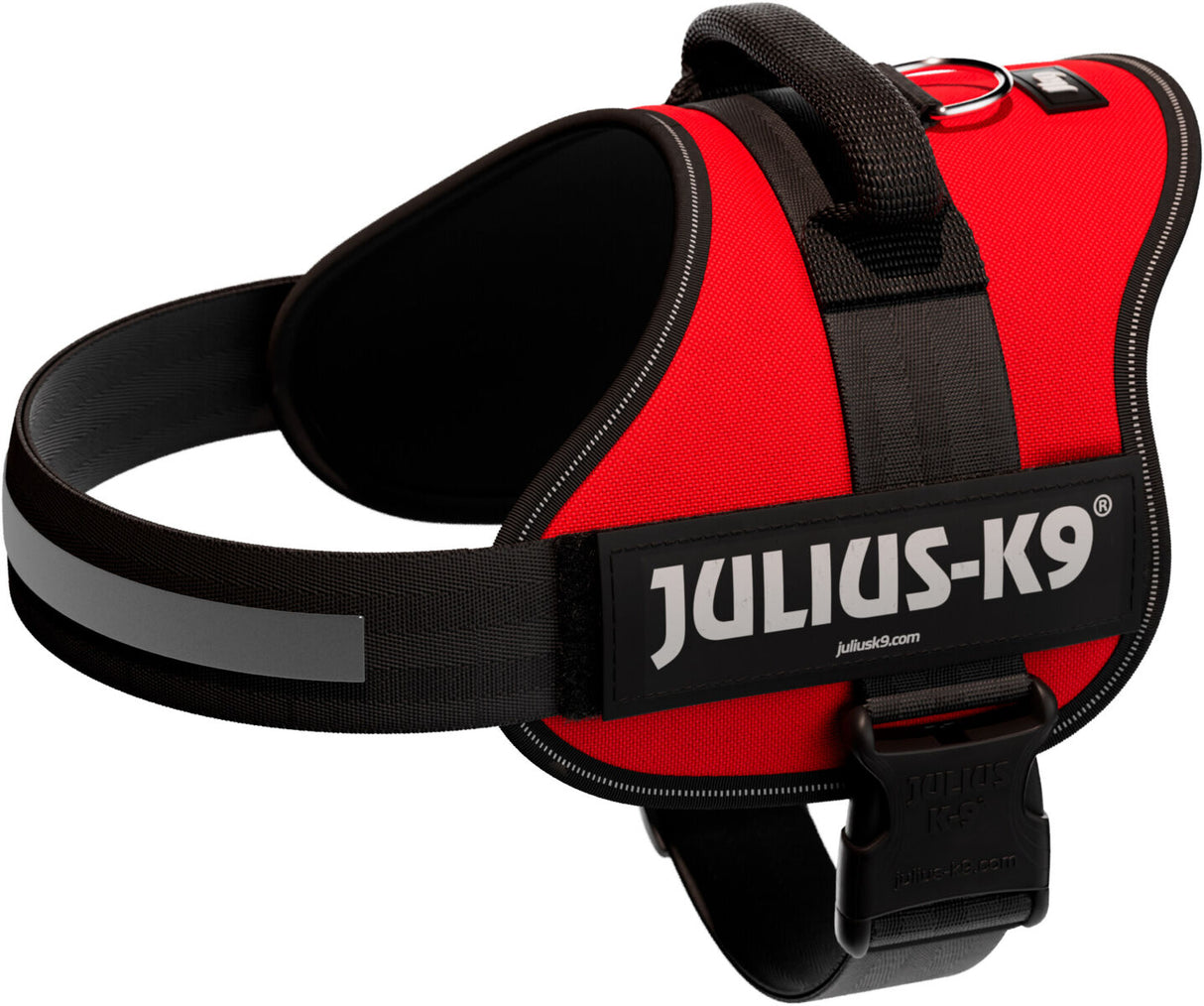 Rotes Hundegeschirr mit schwarzem Gurt und reflektierendem Streifen, Marke Julius-K9, sichtbar auf der Seite.