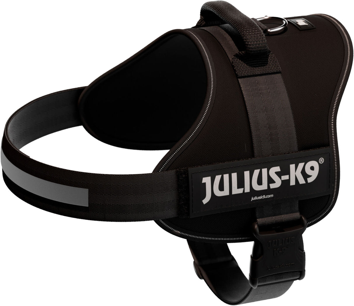Schwarzes Hundegeschirr mit reflektierendem Streifen und der Aufschrift "Julius-K9".