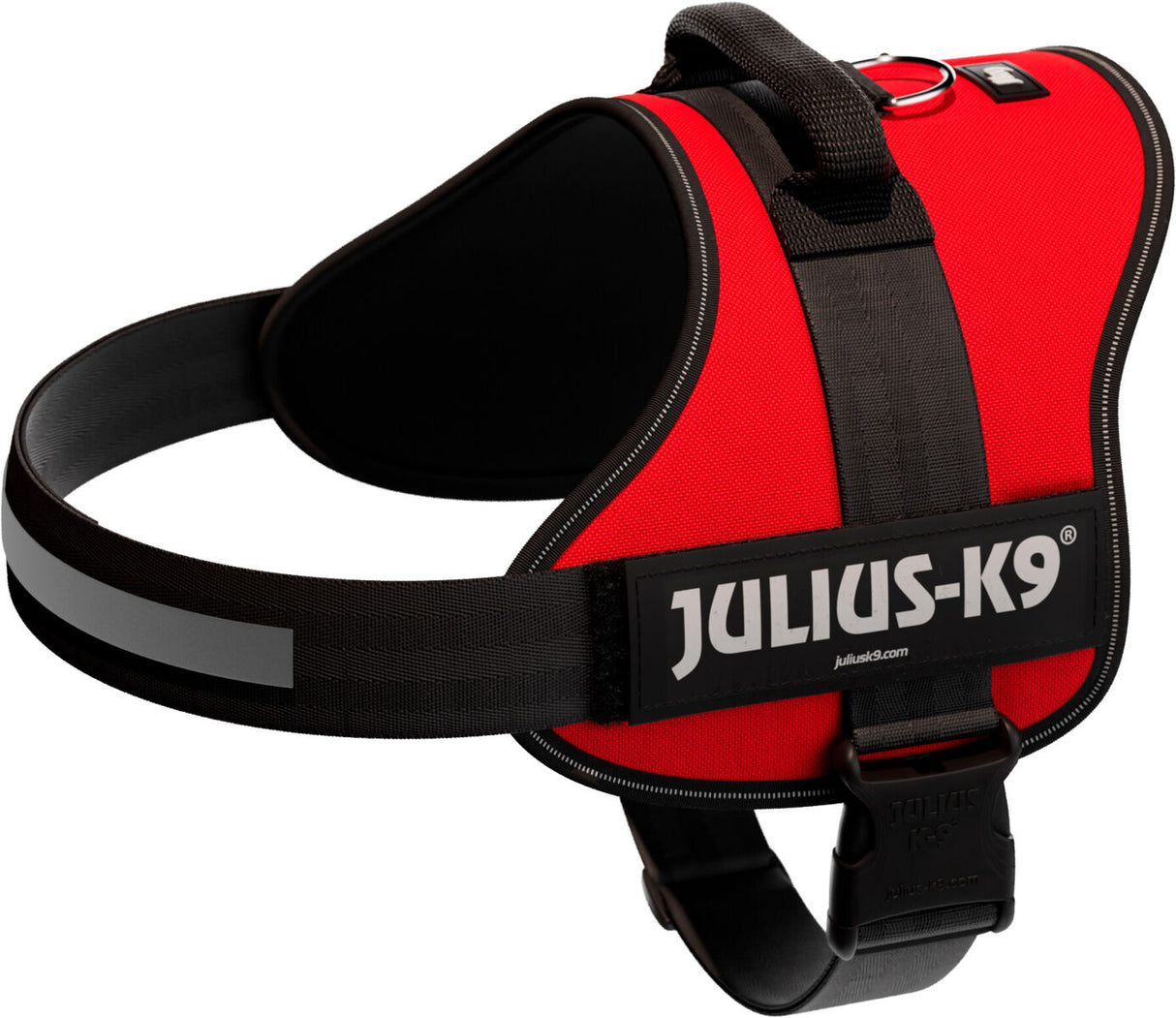Rotes Hundegeschirr mit schwarzem Gurt und reflektierendem Streifen, schwarzer Schriftzug "JULIUS-K9" sichtbar.