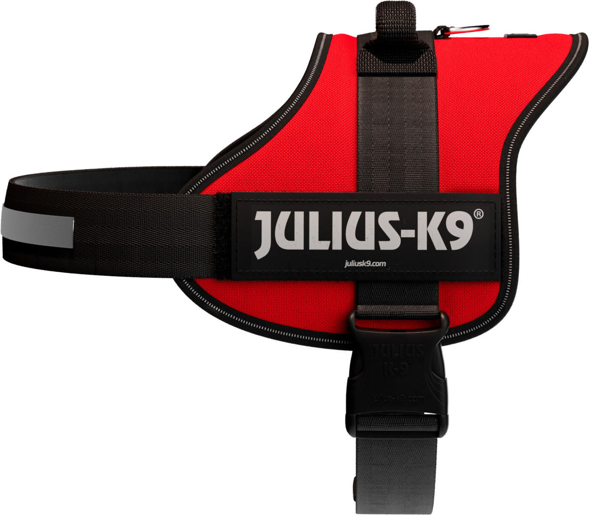 Rotes Hundegeschirr mit schwarzem Riemen und dem Schriftzug "JULIUS-K9" an der Seite.