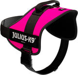 Hundegeschirr in leuchtendem Pink mit schwarzem Rand und einem Aufnäher mit der Aufschrift "Julius-K9".