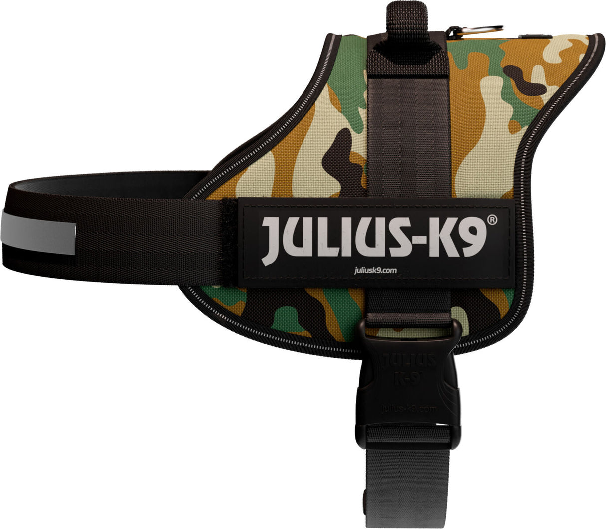 Hundegeschirr in Camouflage-Optik mit schwarzem Gurt und reflektierendem Streifen, Aufschrift "Julius-K9".
