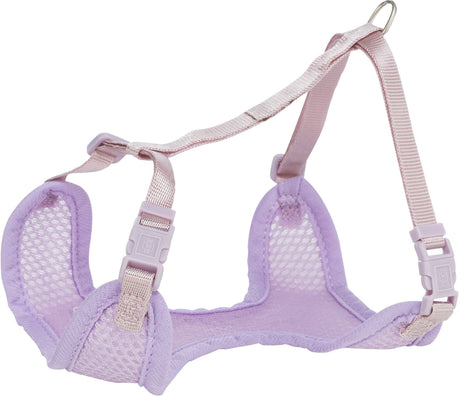 Lila Geschirr mit rosa Gurten und Klickverschlüssen, geeignet für kleine Tiere, mit Netzstoff-Einsätzen.