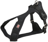 Schwarzes Hundegeschirr mit Schnallen und Befestigungsring.