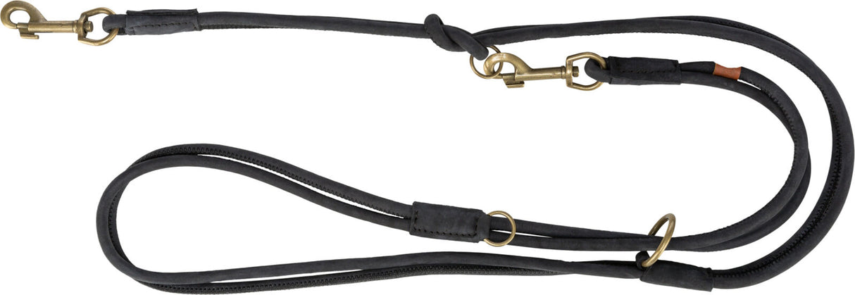 Schwarze Hundeleine mit goldfarbenen Karabinerhaken und Ringen, mehrfache Knoten und Schlaufen erkennbar.
