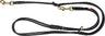 Schwarze Hundeleine mit goldfarbenen Karabinerhaken und Ringen, mehrfache Knoten und Schlaufen erkennbar.