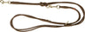 Braune Hundeleine mit metallischem Karabinerhaken und mehreren Schlaufen zum Befestigen und Verstellen.