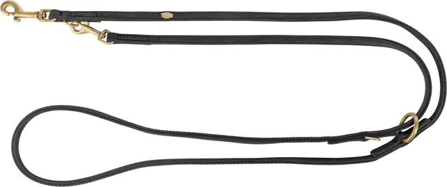Schwarze Hundeleine mit zwei gelben Karabinern und einem Metallring.
