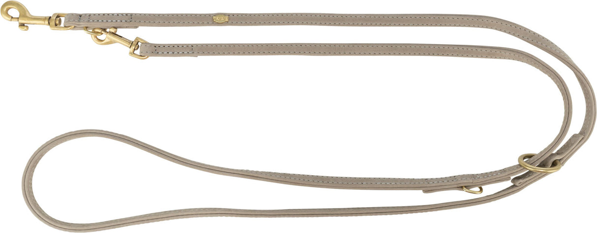 Beige Leine mit goldfarbenen Metallteilen, längenverstellbar, mit Schlaufe und zwei Ringen.