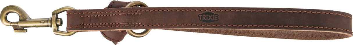 Kurze Hundeleine aus braunem Leder mit sichtbaren Nähten und einem metallenen Karabinerhaken.